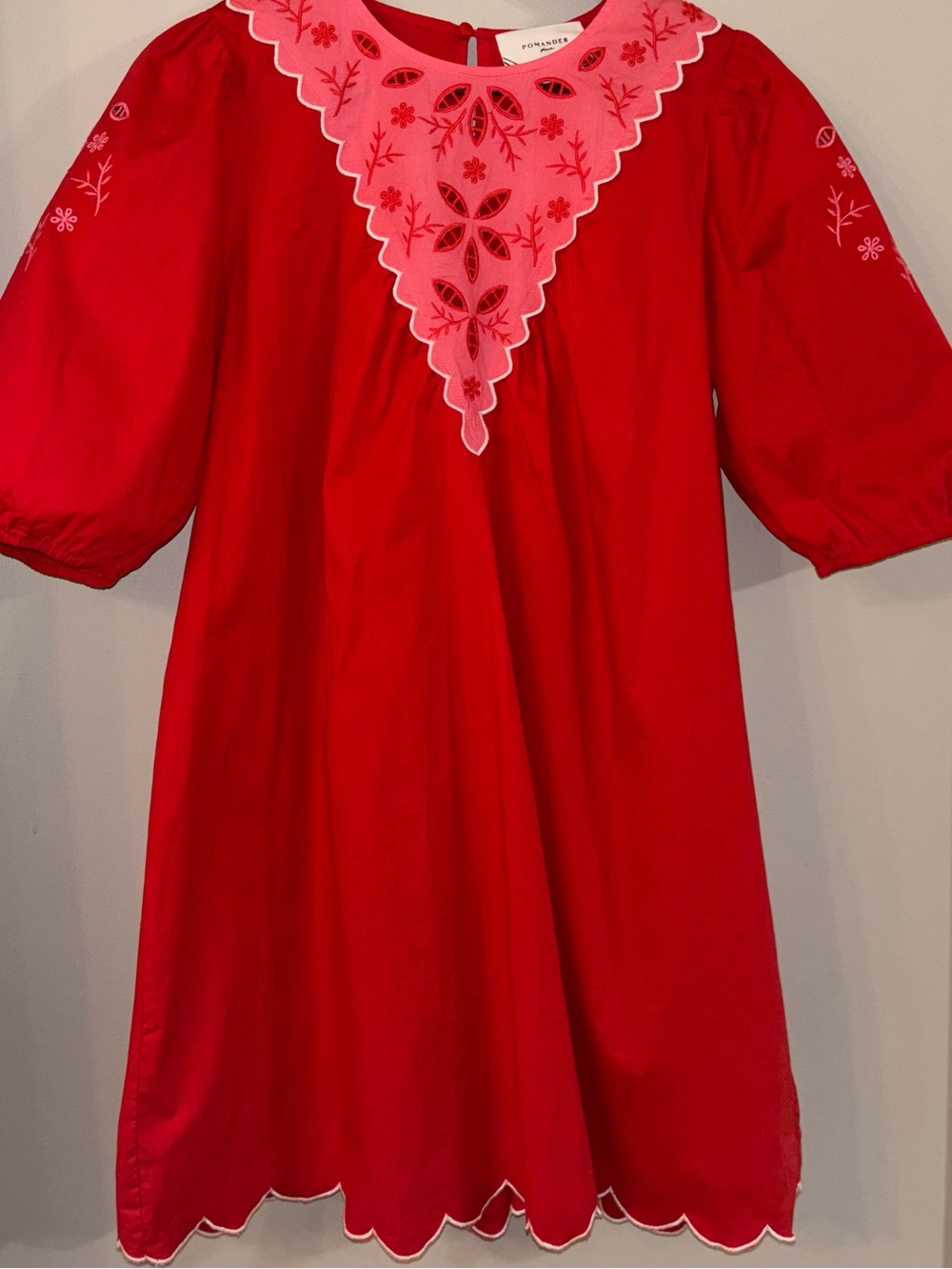 Pomander Place Red Dress with Pink Embroidered Bib, scalloped hem, puff sleeve